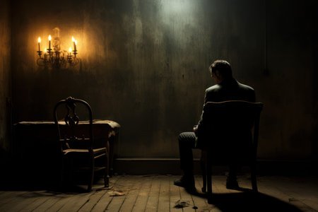 Patient man sitting alone in front of the door. Home room. Generate Aiの素材