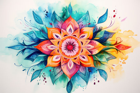 Vibrant Mandala drawing watercolor. Round indian. Generate Aiの素材