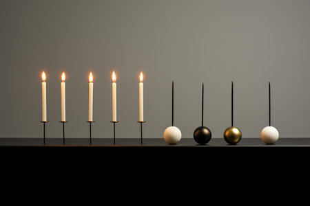 Monochromatic Minimalist eucalyptus table burning candles. House interior trendy decor. Generate Aiの素材