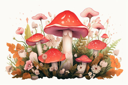 Delicate Mushroom flowers illustration field. Art drawing. Generate Aiの素材