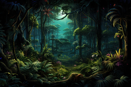 Lush Night forest jungle dark. Tropical tree. Generate Aiの素材