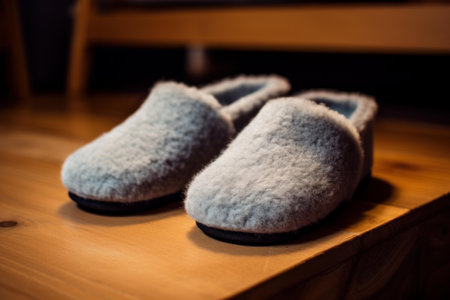 Soft Pair of grey slippers on floor. Cozy foot clean man texture. Generate Aiの素材