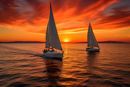 Colorful Pair sail boat sunset. Sport romantic. Generate Aiの素材