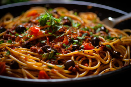 Flavorful Pasta meat vegetables meal. Fresh penne. Generate Aiの素材