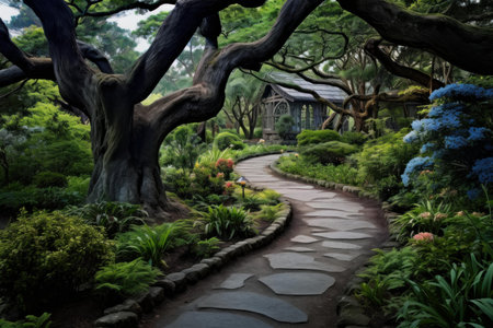 Lush Paths trees backyard house. Garden outdoor. Generate Aiの素材