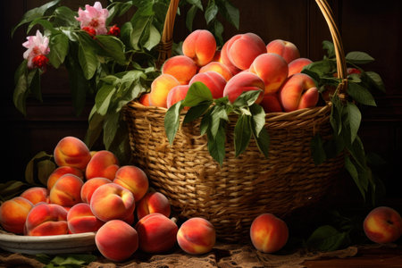 Sweet Peaches bunch fruit harvest. Food agriculture. Generate Aiの素材