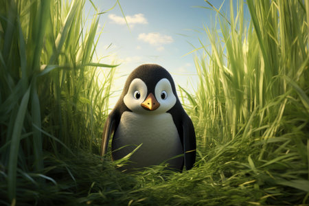 Whimsical Penguin cartoon character fun animal. Nature outdoor green grass cute polar animal. Generate Aiの素材