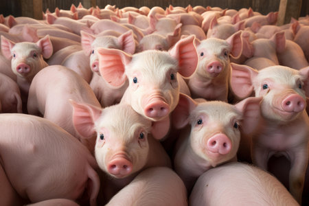 Bustling Piglet pig farm. Pink and small swine looking with happy and black eyes. Generate AIの素材