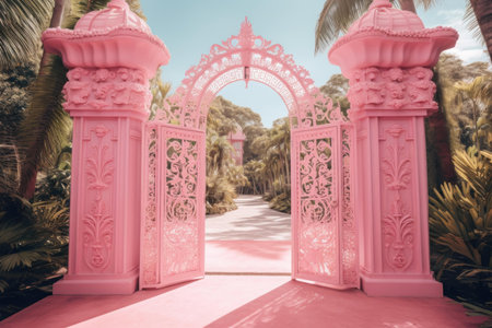 Inviting Pink gates paradise. Floral tree party wedding love. Generate Aiの素材