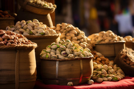 Global Pistachio nuts market basket. Green nutrition. Generate Aiの素材