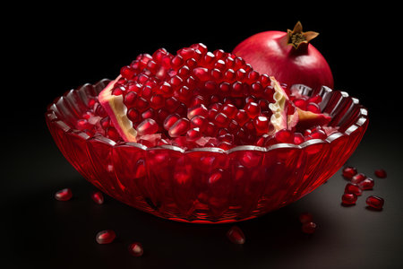 Vibrant Pomegranate seeds bowl. Plate of pomegranate kernels on the wood table. Generate AIの素材