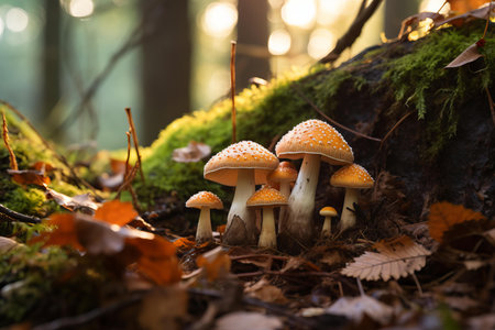 Diverse Porcini mushroom growing forest. Nature leaf autumn on healthy grass. Generate Aiの素材