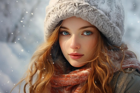 Bundled-up Woman portrait in winter cloth portrait view. Lady fun coat casual beauty. Generate Aiの素材