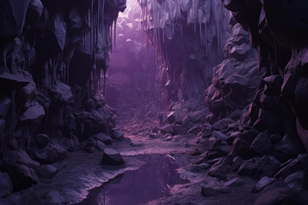 Eerie Purple cave rock curve. Cavern interior. Generate Aiの素材