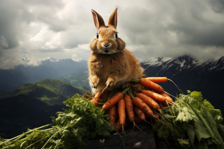 Fluffy Happy mountain rabbit with heap of carrots. Wild furry hare with veggies harvest in nature habitat. Generate aiの素材