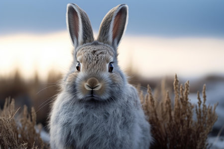 Realistic Side view portrait of wild rabbit. Brown cute hare in nature grass. Generate aiの素材