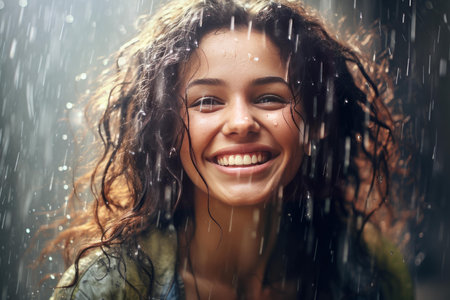 Radiant Smiling girl in outdoor rain. Female portrait in raincoat outside walk. Generate aiの素材