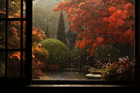 Reflective Rainy window autumn. Rain season of drop fall glass. Generate Aiの素材