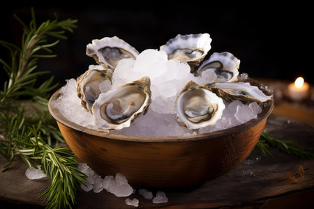 Glistening Raw oysters on ice platter. Seafood luxury delicious delicatessen plate. Generate aiの素材