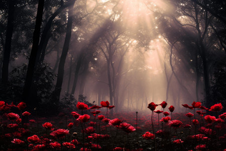 Lush Red flowers jungle. Tropical nature jungle. Generate Aiの素材