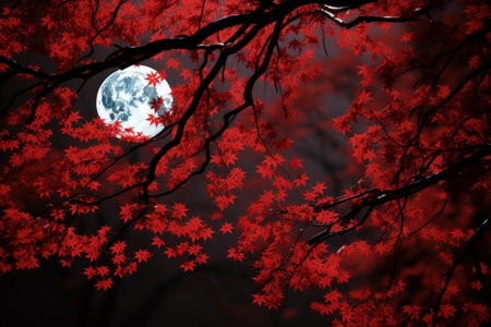 Tranquil Red leaves night moon. Tropical forest. Generate Aiの素材