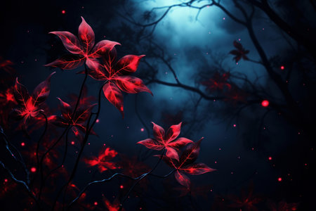 Dramatic Red leaves night foliage. Summer fantasy. Generate Aiの素材