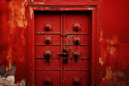 Imposing Red metal doors. Floor render. Generate Aiの素材