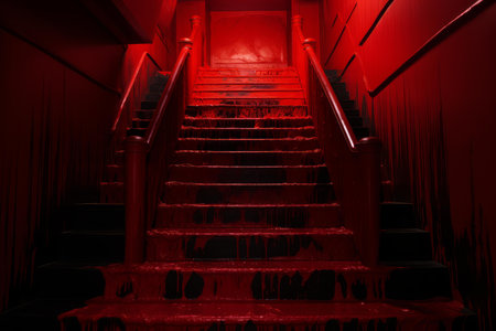 Surreal Red stairs hell. Open space. Generate Aiの素材