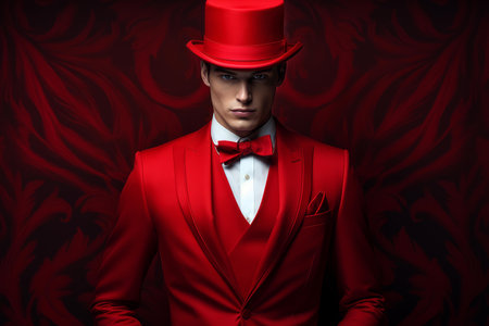 Striking Man red tuxedo at morning shot. Stylish serious person. Generate Aiの素材