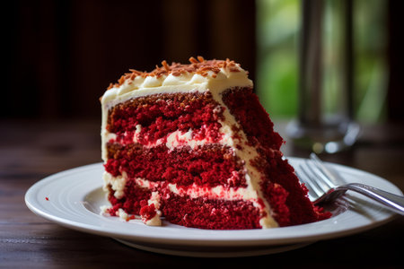 Moist Red velvet cake. Slice of tasty celebration yummy dessert. Generate aiの素材
