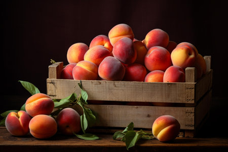 Fragrant Ripe peaches plums crate. Fresh organic fruits from eco farm. Generate Aiの素材