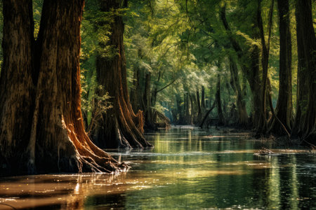 Verdant Forest river trees. Sky creek. Generate Aiの素材