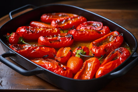 Aromatic Roasted peppers in pan. Healthy tasty grilled vegetables in frying pan. Generate aiの素材
