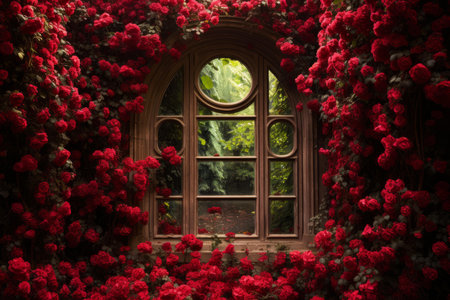Vibrant Red rose glass window. Romance floral. Generate Aiの素材