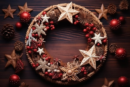 Shiny Round christmas frame gold stars. Nature branch. Generate Aiの素材