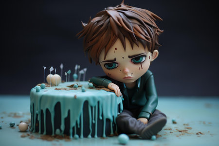 Chocolatey Sad boy cake. Lonely upset boy celebrating birthday. Generate aiの素材