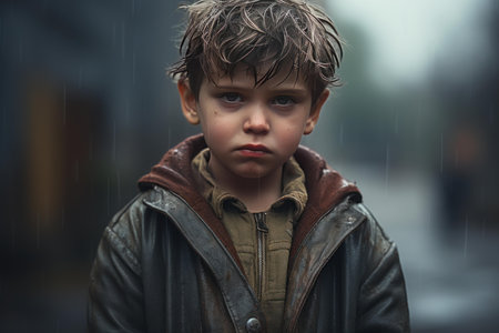 Distressed Sad little kid. Poor child with dirty face and desperate eyes. Generate aiの素材