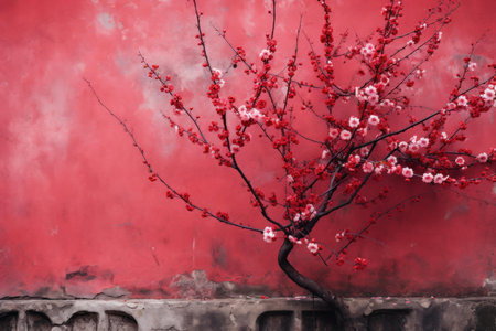 Traditional Sakura red wall without door. Street exterior. Generate Aiの素材