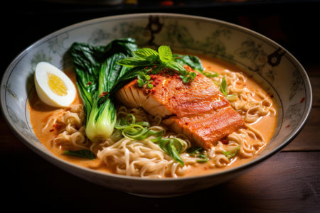 Exotic Coconut salmon ramen. Table fish food. Generate Aiの素材
