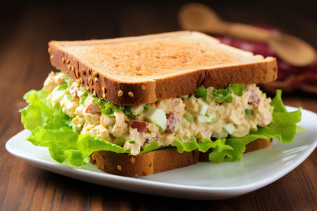 Protein-rich Sandwich hard boiled egg tuna. Meal wooden. Generate Aiの素材