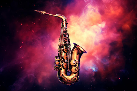 Harmonious Saxophone galaxy. Brass musical instrument on a dark background. Generate AIの素材