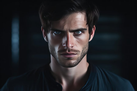 Mysterious Scary handsome man wearing hoodie. Mysterious young guy posing dark building. Generate aiの素材