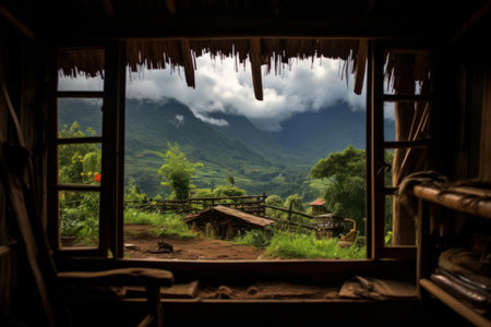 Serene Scenery view from inside hut. Nature landscape view from vacation lodge. Generate aiの素材