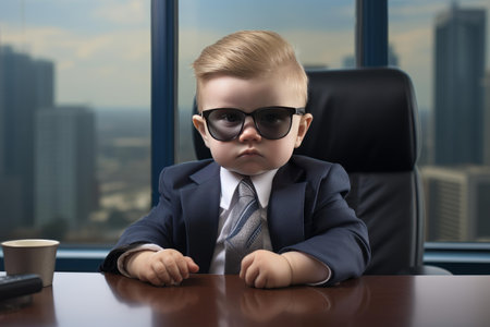 Authoritative Serious baby boss office in city. Small cute portrait of infant. Generate Aiの素材