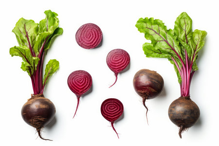 Vibrant Set of cut fresh beets on white background. Raw food ingredient macro beet. Generate Aiの素材