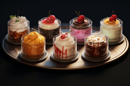 Decadent Set tasty pudding. Cake dessert sugar. Generate Aiの素材