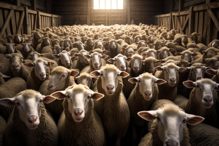 Bustling Sheep barn crowd. Animal group. Generate Aiの素材
