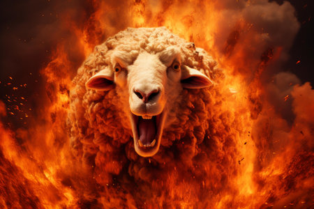 Terrifying Nightmare sheep with fire flames. Horrified scary lucifer animal in burning fire. Generate aiの素材