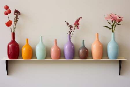 Elegant Shelf colorful vases. Decor interior. Generate Aiの素材