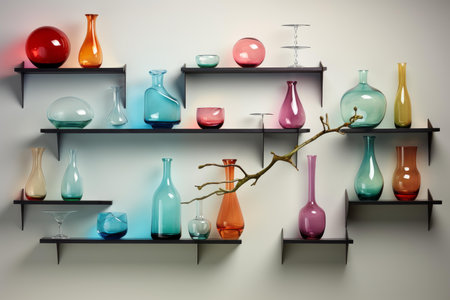 Decorative Shelf colorful vases room. Modern view. Generate Aiの素材